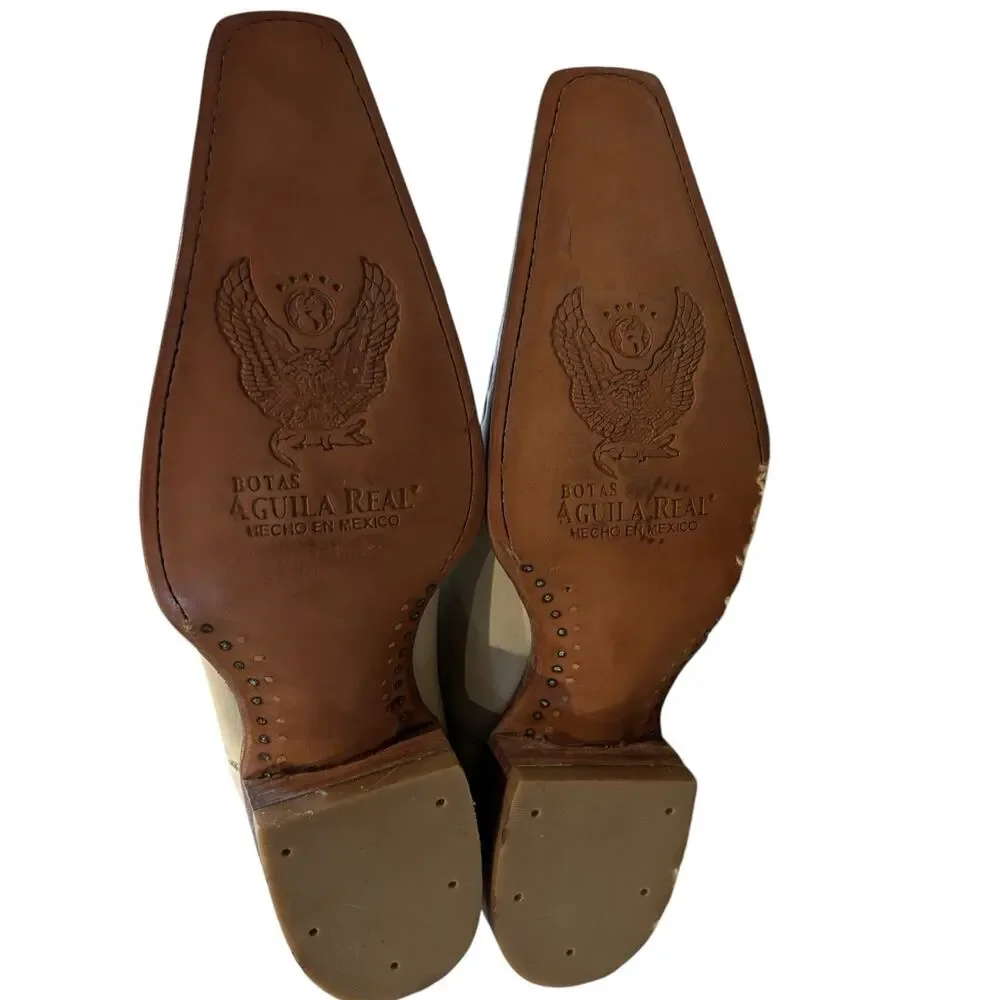 Vintage Aguila Real Ostrich Leather Cowboy Boots US 10 Exotic Pointed Toe Cream